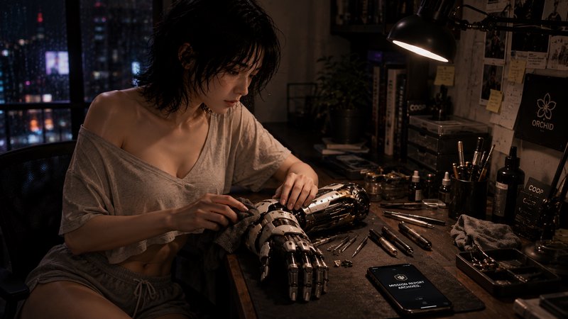 [Woman polishing a detailed robotic prosthetic arm at a dim cluttered desk, overlooking a rainy neon night city skyline]