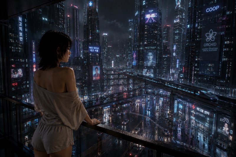 Woman standing on a high-rise balcony overlooking a rainy neon-lit cyberpunk Neo Seoul city at night.