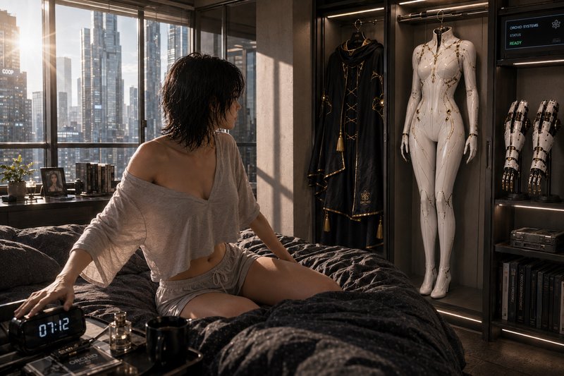 Short-haired cyberpunk woman sits on a futuristic apartment bed, looking at her android exosuit beside a skyscraper city v...