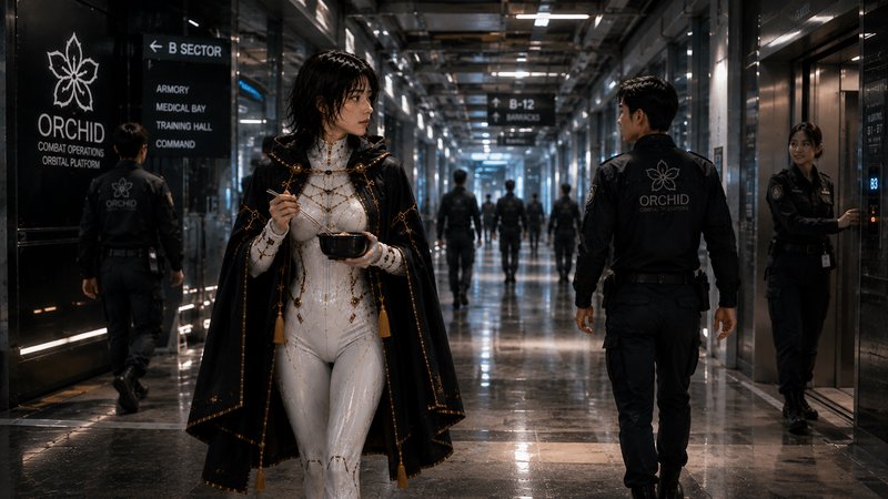 Futuristic woman in glossy white bodysuit and ornate black cloak eats from a bowl while walking through a sci-fi space sta...