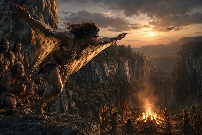 Prehistoric tribesman with makeshift leather wings prepares to leap from a cliff edge as his stone age tribe watches at