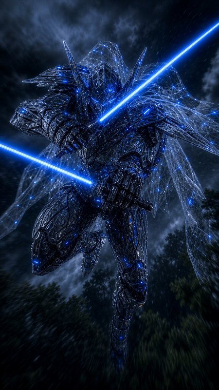 Wireframe cyber mech warrior with glowing blue energy swords soars over a rainy dark forest on a stormy night.