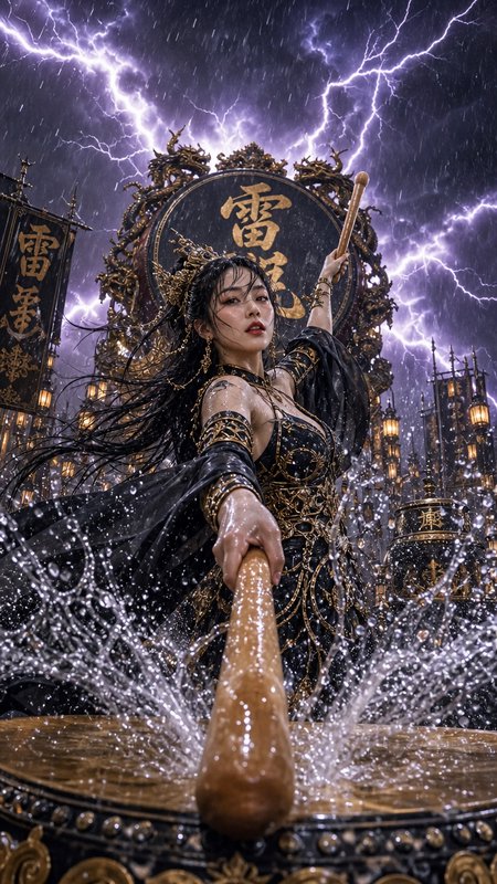 Regal East Asian thunder goddess in black and gold regalia strikes ornate drums beneath crackling purple lightning