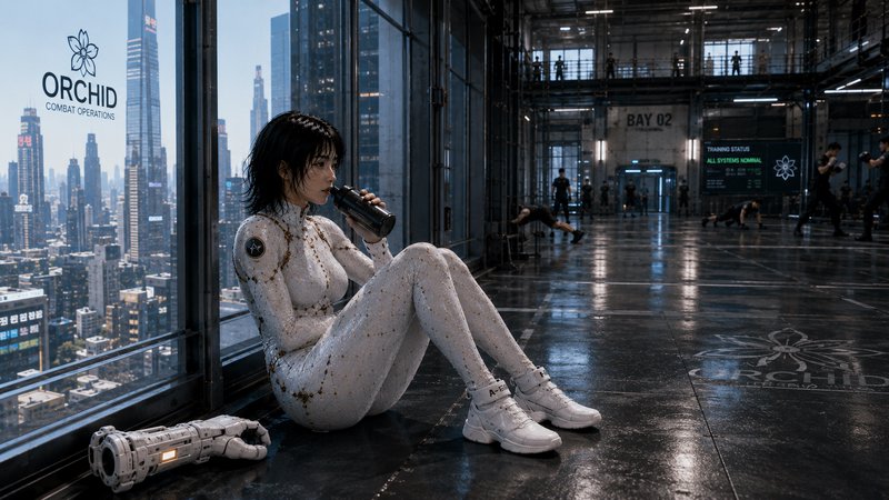 Woman in white sci-fi tactical suit drinks water resting by a window in a futuristic combat gym overlooking a cyberpunk ci...