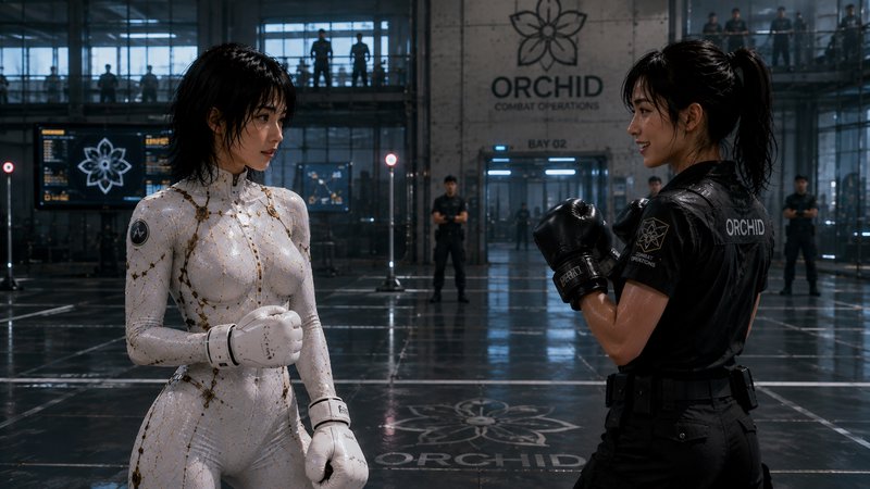 [Two female combatants face off in sparring stance inside a futuristic Orchid Combat Operations training facility]