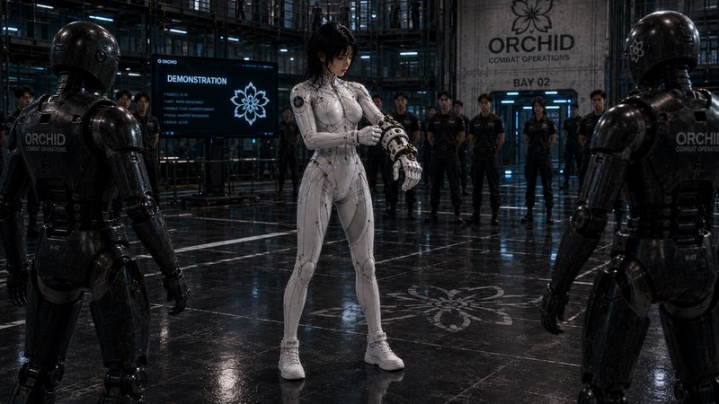 Sleek white female combat cyborg adjusts her mechanical arm flanked by black robots in a futuristic operations demonstrati...