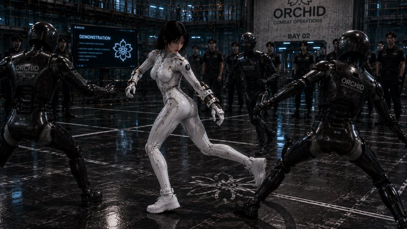 [Sleek white female combat android in a fighting stance facing black robots in a futuristic military testing bay]