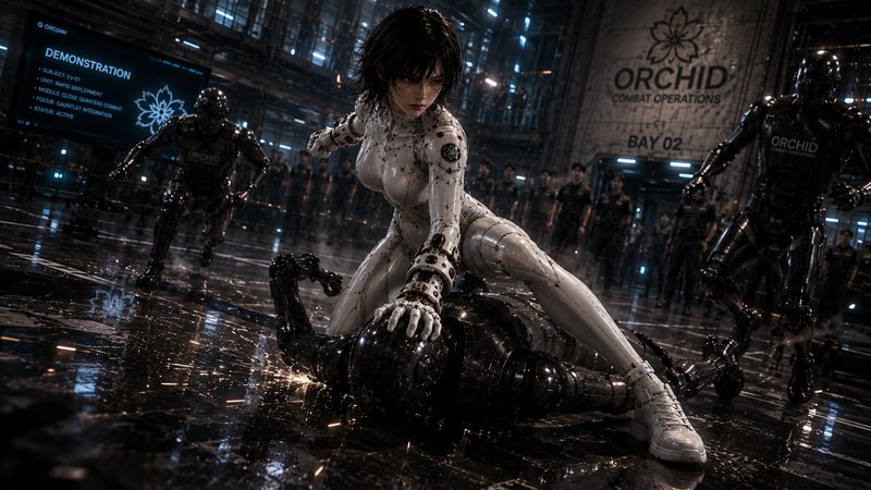 [Female cyborg combat unit in white cyber suit pins a black robot during a combat demo in a futuristic industrial hangar]