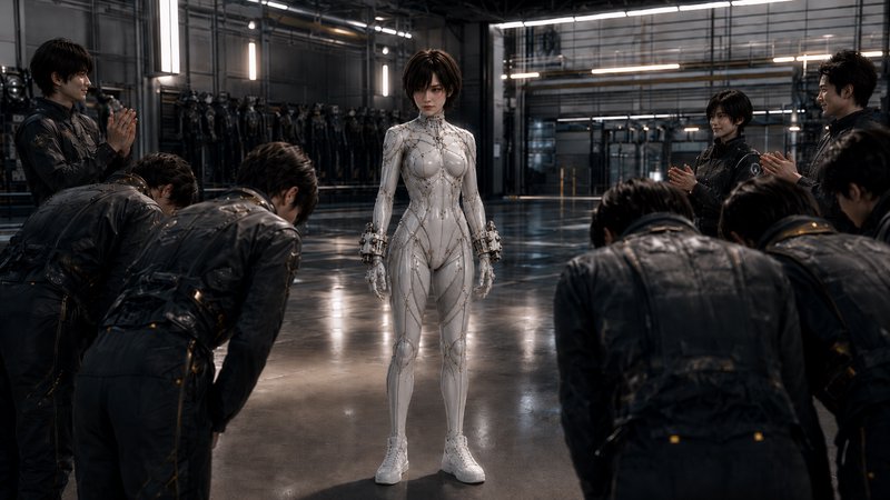[Sleek white female humanoid android stands in a futuristic industrial hangar as uniformed crew bow and applaud around her]