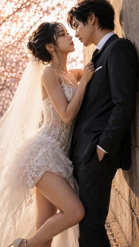 Romantic wedding portrait of a bride and groom sharing an intimate moment beside sunlit cherry blossom trees and a