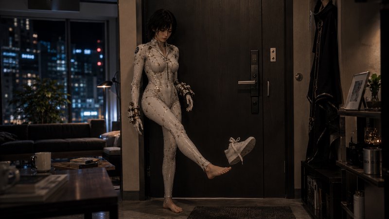Female humanoid cyborg in a glossy white bodysuit kicks off a sneaker in a modern high-rise apartment at night