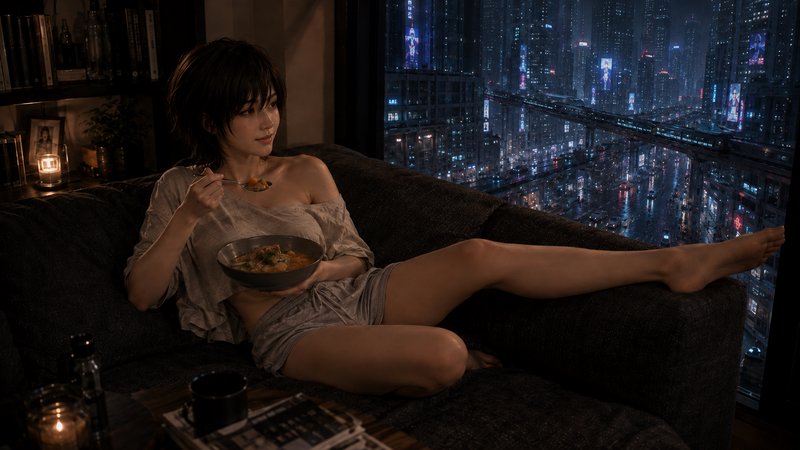 Young woman eating dinner while reclining on a couch, overlooking a glowing rainy cyberpunk city skyline at night