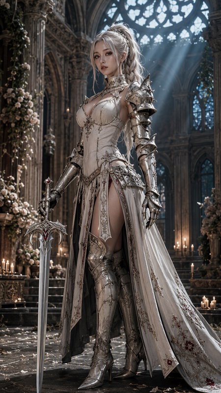 Platinum blonde fantasy female paladin in ornate silver armor holds a greatsword inside a sunlit gothic cathedral