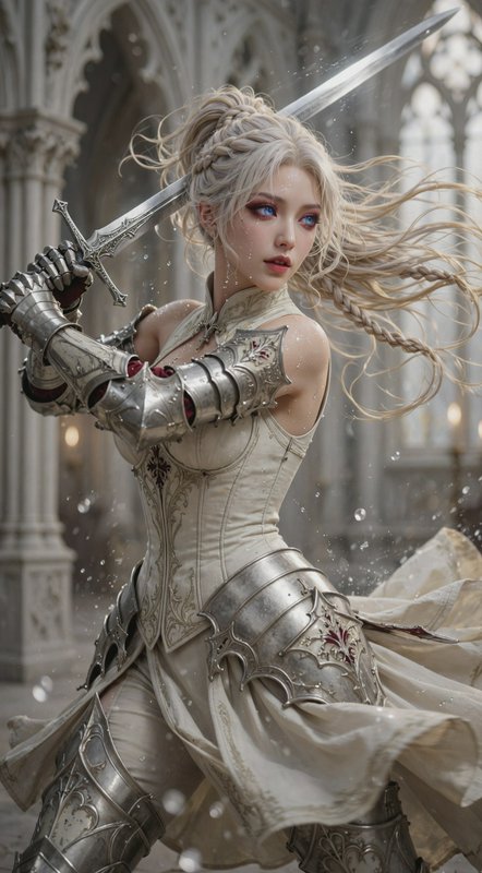 Ornate armored platinum blonde female fantasy knight holds a raised longsword, poised for battle inside a misty snowy