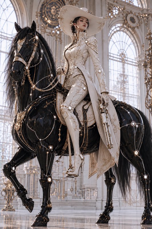 Poised steampunk noblewoman in ornate white regalia rides a black cybernetic horse inside a gilded baroque palace.