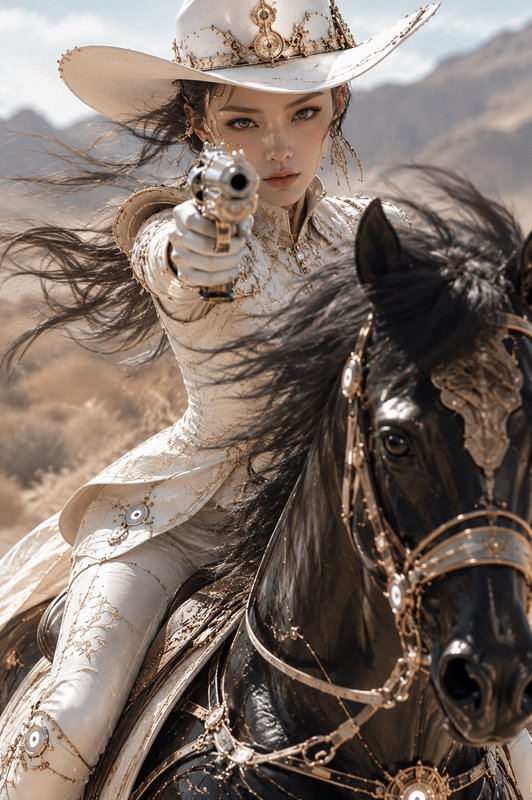 Elegant female sharpshooter in ornate white cowboy attire aims a revolver while riding a decorated black stallion in a