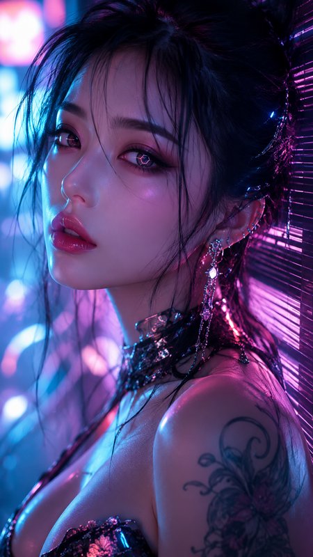 Close-up cyberpunk portrait of a young East Asian woman lit by vibrant pink and blue neon, with jewelry and a floral shoul...