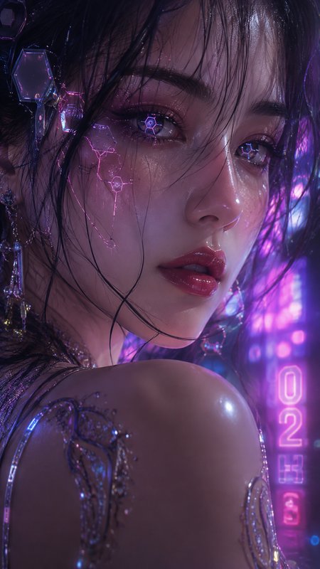 Close-up cyberpunk portrait of a young woman with glowing purple holographic facial tech against neon city night backdrop