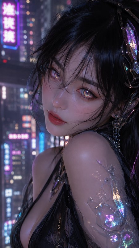 Close-up cyberpunk fantasy woman portrait with glowing eyes, iridescent crystal arm, neon night city skyline background