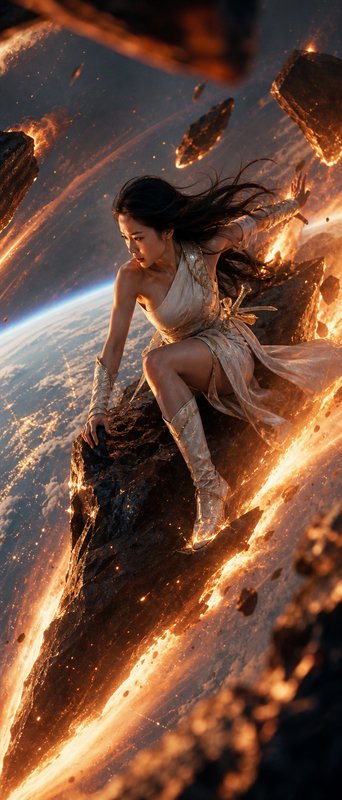 [Fierce fantasy female warrior perches on a flaming meteor hurtling in orbit above Earth, surrounded by glowing space debris]