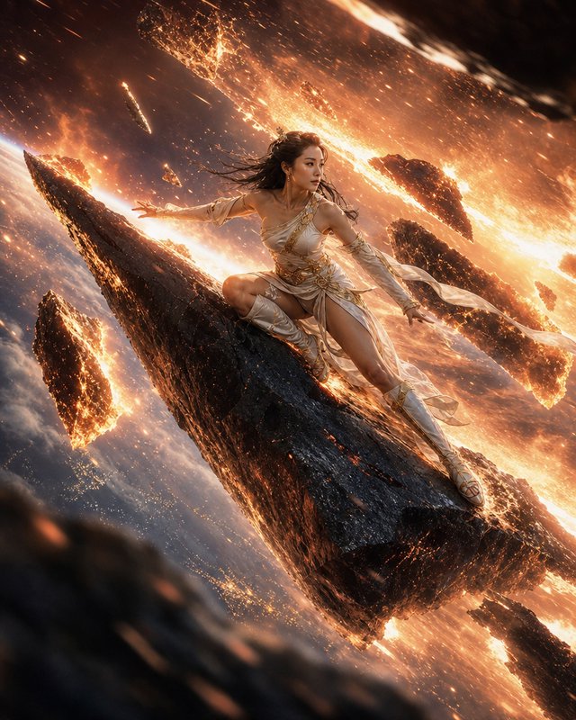 [Celestial fantasy goddess balances on a jagged meteor amid a fiery meteor shower in cosmic outer space]