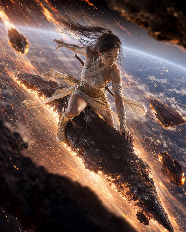 East Asian female fantasy warrior perched on a burning streaking meteor above Earth's orbit in outer space