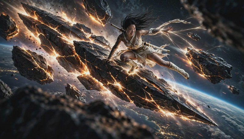 [East Asian fantasy female warrior crouches on glowing cracked floating meteor shards, summoning energy, high above Earth ...