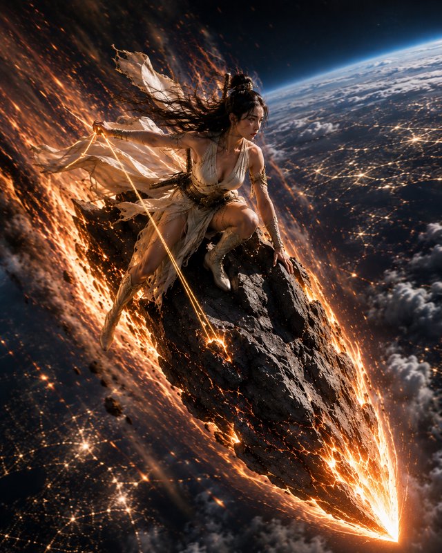 Fierce fantasy female warrior crouches on a blazing falling meteor streaking above Earth from outer orbit.