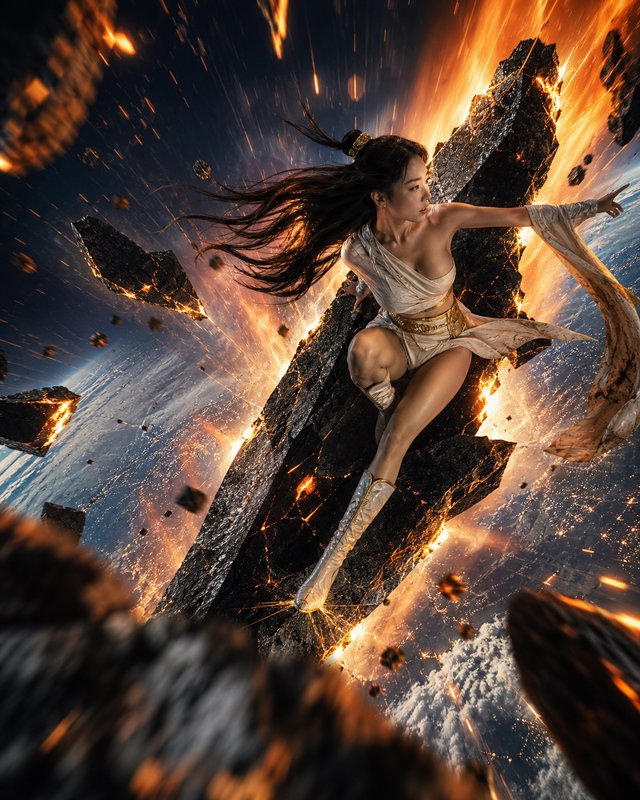East Asian fantasy goddess strikes a dynamic action pose on a fiery shattering asteroid high above Earth, surrounded by st...