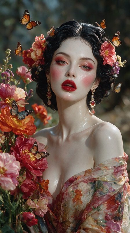 Ethereal vintage portrait of a woman with floral hair, fluttering butterflies, and surrounding summer garden blooms.