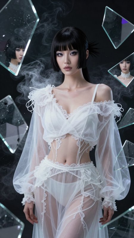 Ethereal fashion portrait of woman in sheer white lace outfit with floating mirror shards and wispy smoke