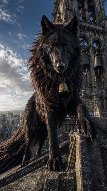 [Giant shaggy black dire wolf with a brass bell collar stands on a gothic cathedral rooftop, staring directly at the viewer]