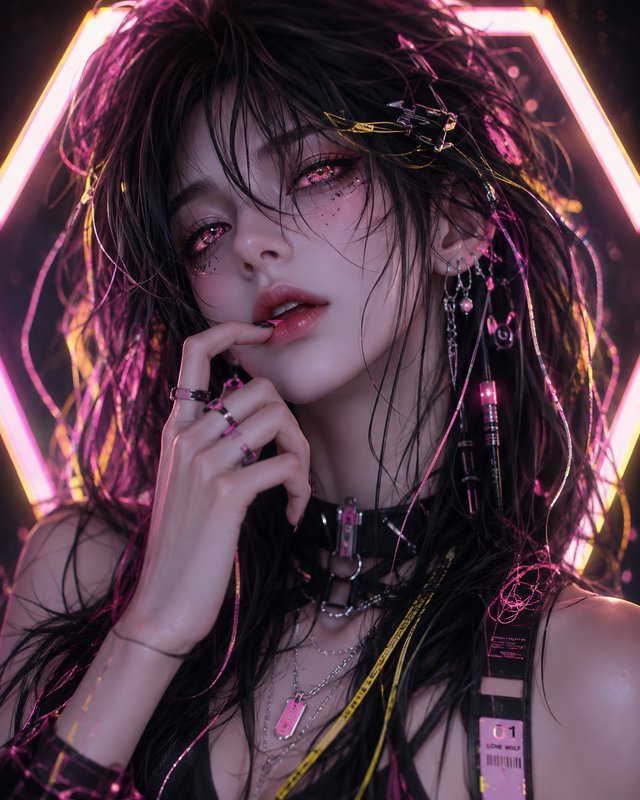 [Close-up cyberpunk portrait of a young woman with glowing pink eyes, dark messy hair, and neon hexagonal background]
