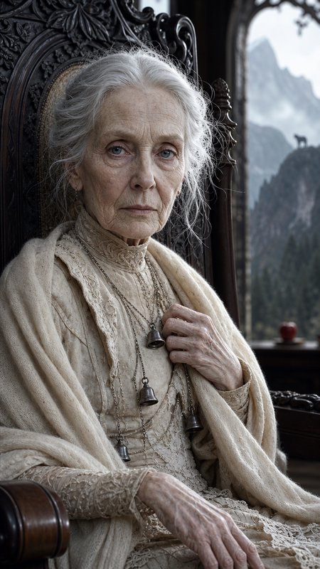 Elderly silver-haired noblewoman in vintage lace attire sits in an ornate carved wooden chair, misty alpine mountains visi...