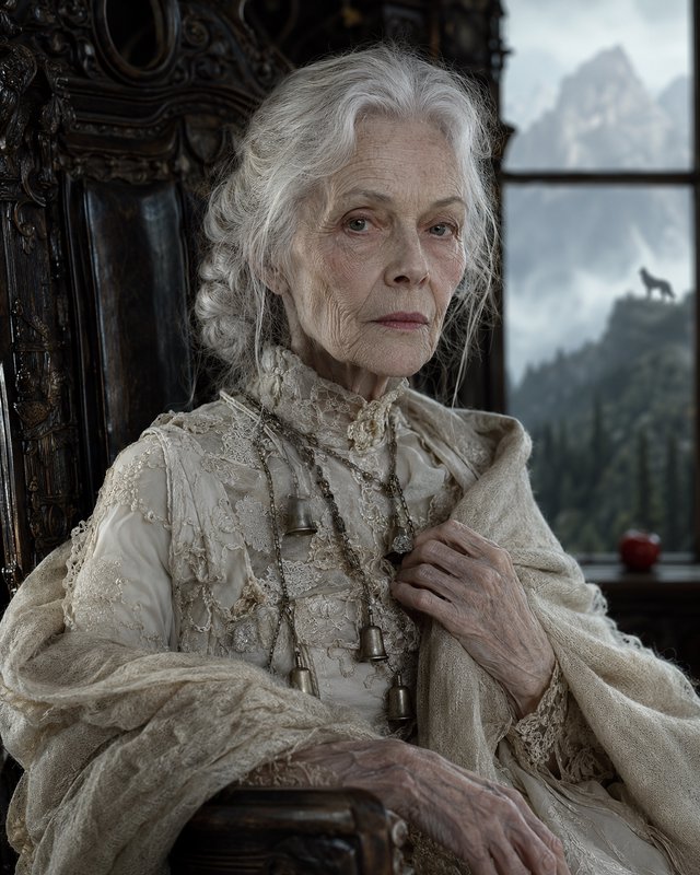 [Regal elderly silver-haired woman in vintage lace attire seated in an ornate carved chair, mountain landscape with wolf v...
