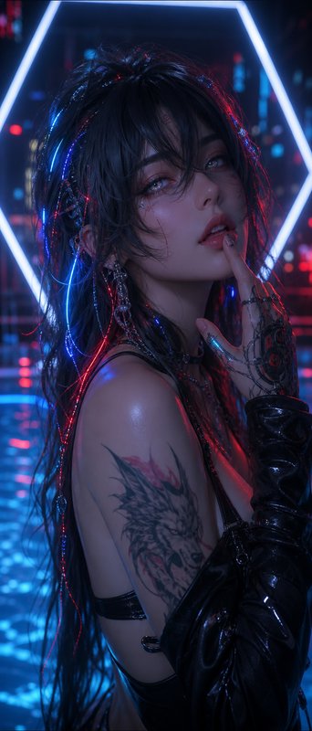 Cyberpunk woman with wolf shoulder tattoo, lit by red and blue neon, posed in a futuristic nightclub setting.