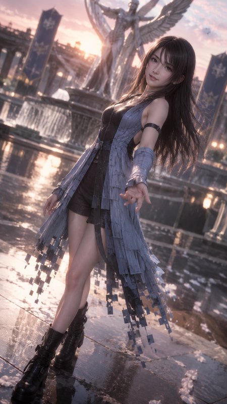 [Hyperrealistic fan art of Rinoa Heartilly reaching toward the viewer in a fantasy palace courtyard at golden sunset]