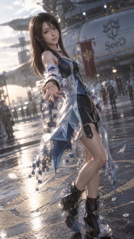 [Hyperrealistic fantasy anime woman in crystalline outfit reaches out, standing on a wet futuristic airship launch pad at ...