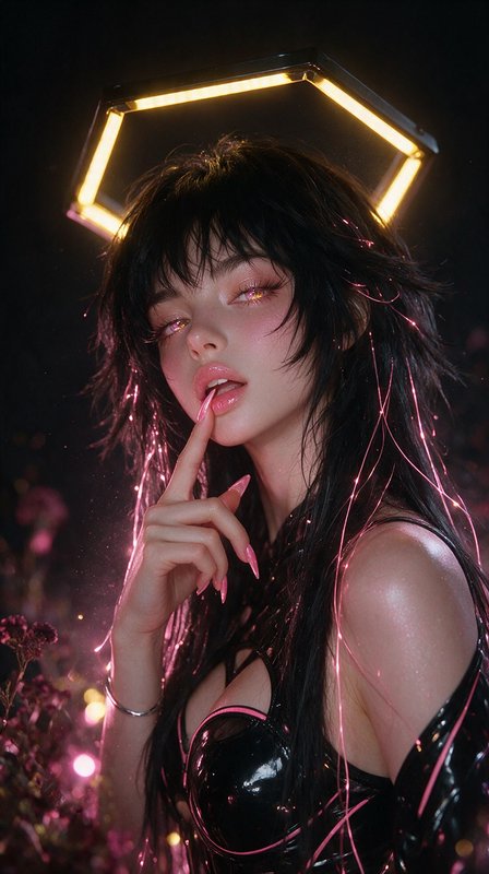[Cyberpunk portrait of a woman with glowing yellow geometric halo, pink neon hair strands, holding a finger to her lips]