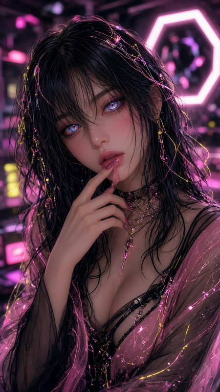 [Cyberpunk anime woman with glowing blue eyes, wet dark hair, posed against pink neon futuristic nightclub backdrop]