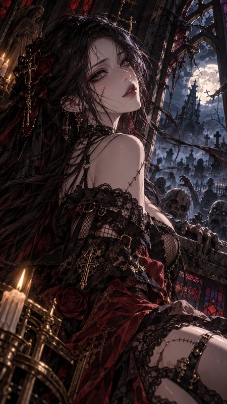 [Gothic stitched undead woman in ornate lace gown looks over her shoulder as zombies rise outside a moonlit church graveyard]