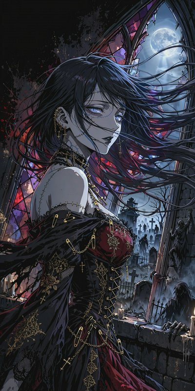 [Gothic anime undead woman with stitched skin stands by a broken cathedral window overlooking a moonlit zombie graveyard]
