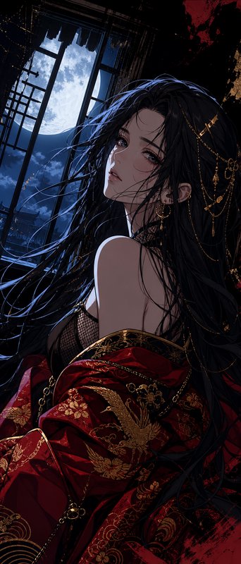 Melancholic anime woman in ornate red gold-embroidered robe, looking over shoulder beside moonlit traditional lattice window