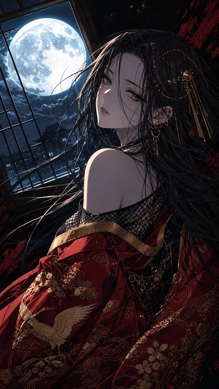 [Elegant anime woman in embroidered red kimono looks over her shoulder, glowing full moon visible through a window behind ...