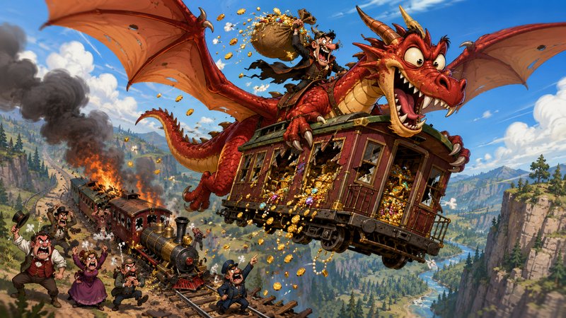 [Comedic fantasy art of a red dragon stealing a gold-laden train car, with a bandit rider, as angry onlookers watch from t...