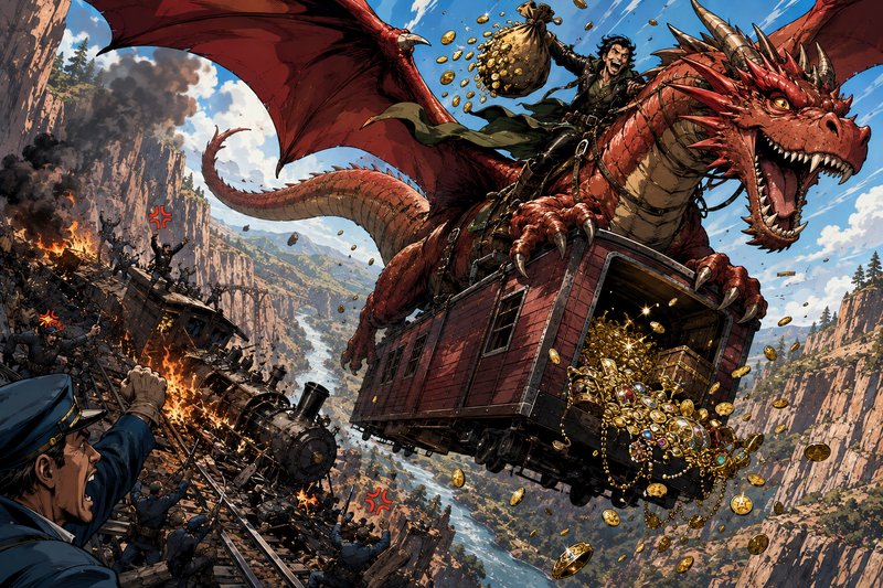 [Vibrant fantasy heist scene: red dragon carries treasure railcar, grinning rider tosses gold above a burning crashed clif...