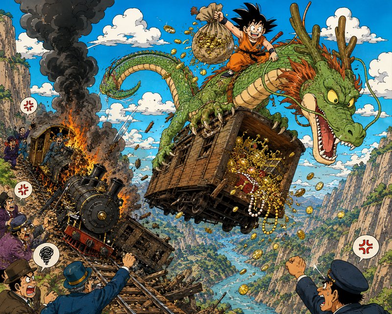 [Young Goku rides Shenron lifting a treasure train car above a crashed burning steam locomotive in this Dragon Ball anime ...