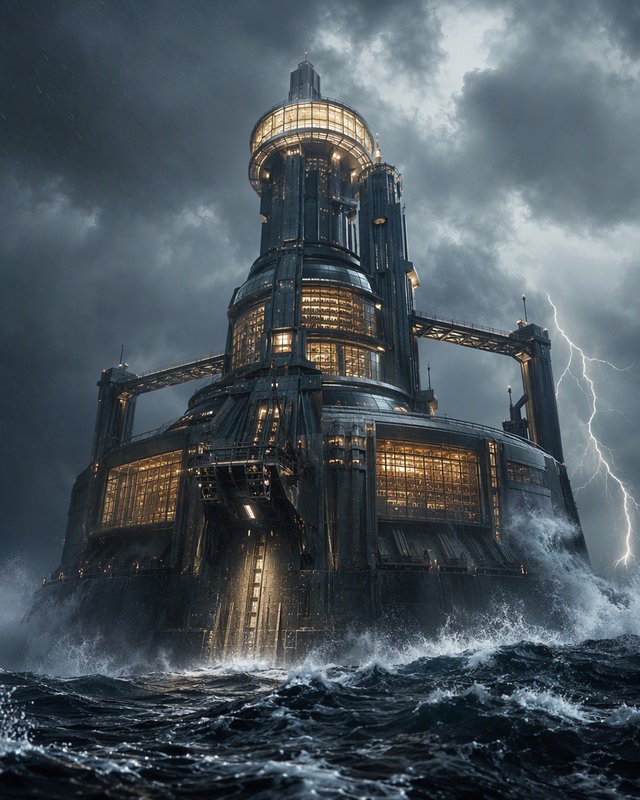 Massive industrial floating sea fortress rises from churning stormy ocean beneath a lightning-streaked dark cloudy sky