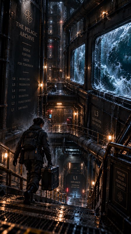 Lone explorer carrying a hard case walks down wet metal stairs inside the storm-battered Pelagic Archive underwater