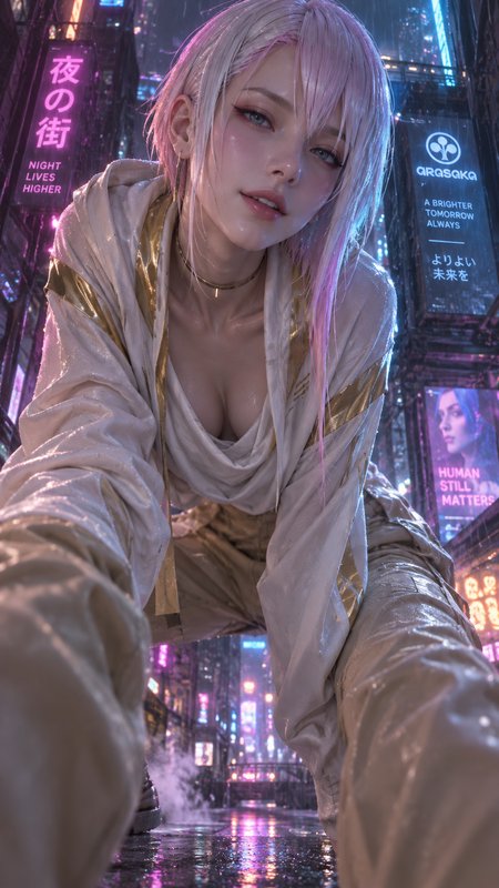 Pastel pink-haired cyberpunk woman crouching to reach the viewer, rainy neon Night City alley background